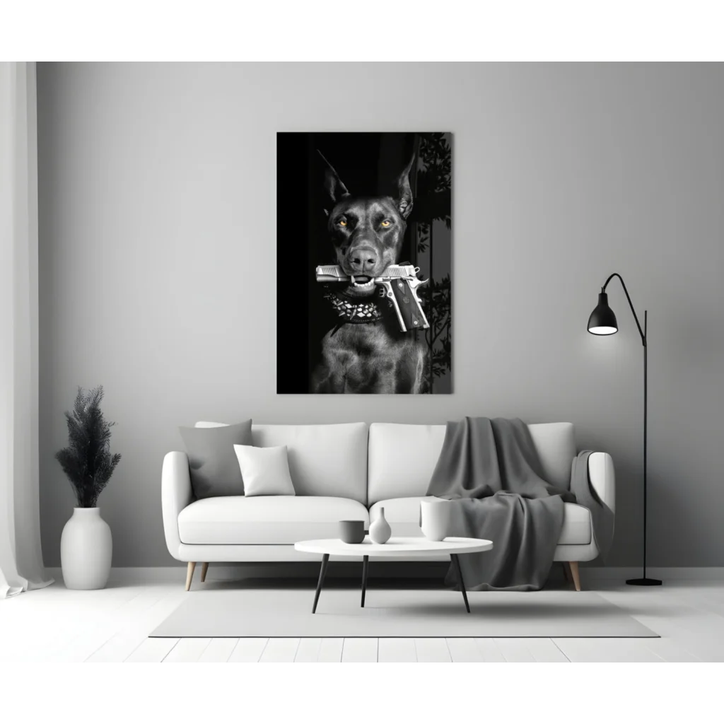 Armed Doberman Glass Wall Art Canvas Print with Yellow Eyes | Modern Wall Art Decor | vintageantiquesgifts.com