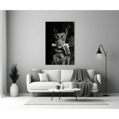 Armed Doberman Glass Wall Art Canvas Print with Yellow Eyes | Modern Wall Art Decor | vintageantiquesgifts.com