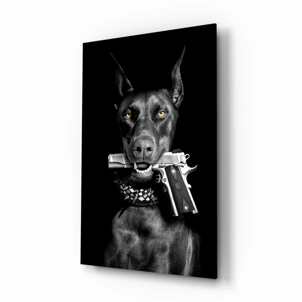 Armed Doberman Glass Wall Art Canvas Print with Yellow Eyes | Insigneart USA | vintageantiquesgifts.com