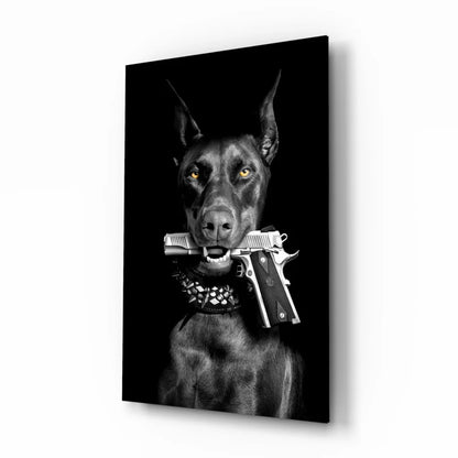 Armed Doberman Glass Wall Art Canvas Print with Yellow Eyes | Insigneart USA | vintageantiquesgifts.com