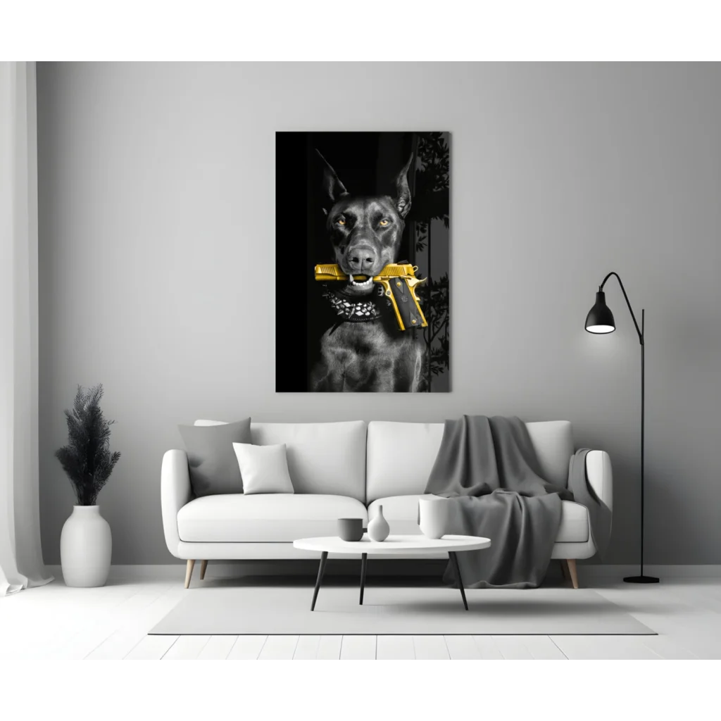 Badass Doberman with golden gun glass wall art portrait