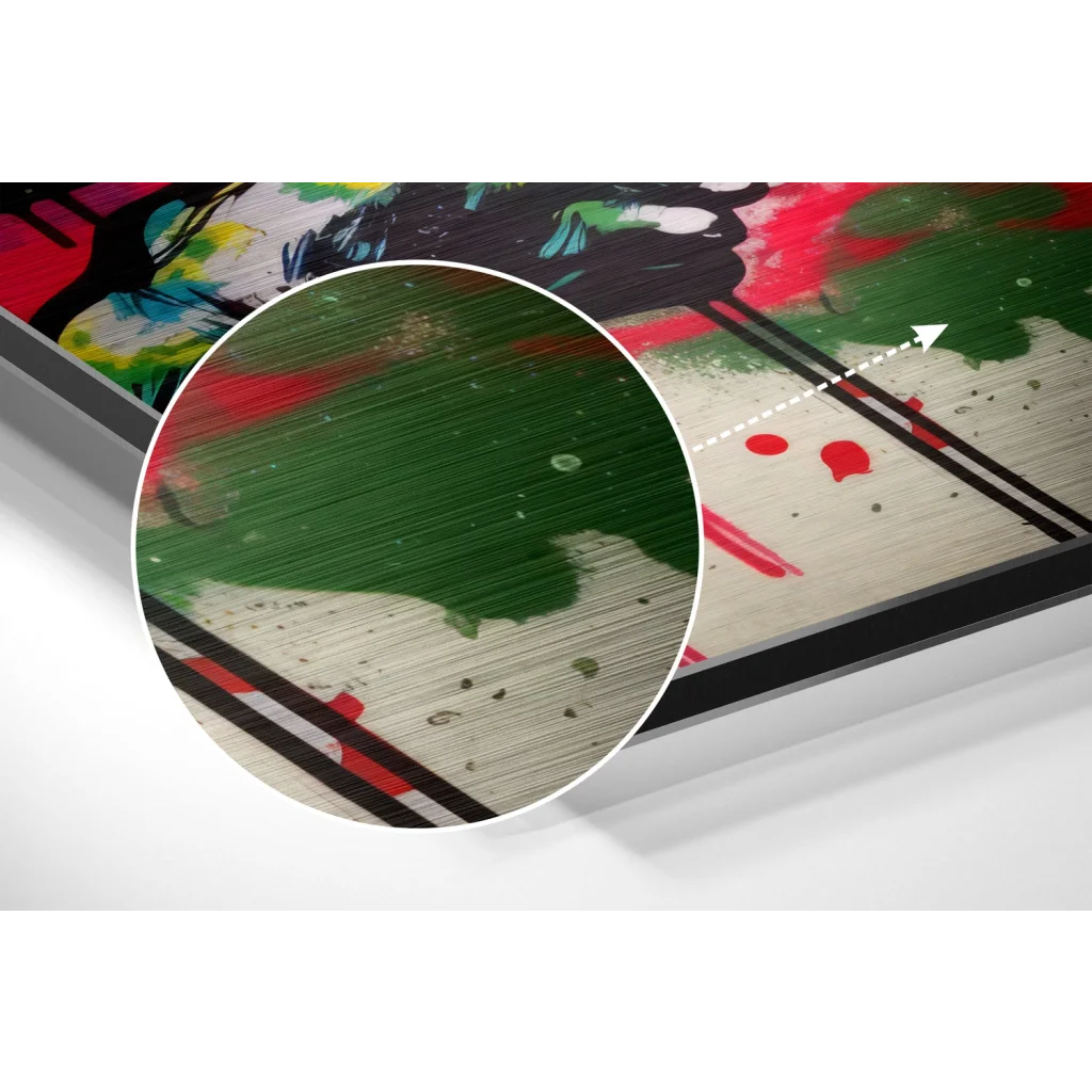 Vibrant abstract art on brushed aluminium dibond with green, red, black strokes