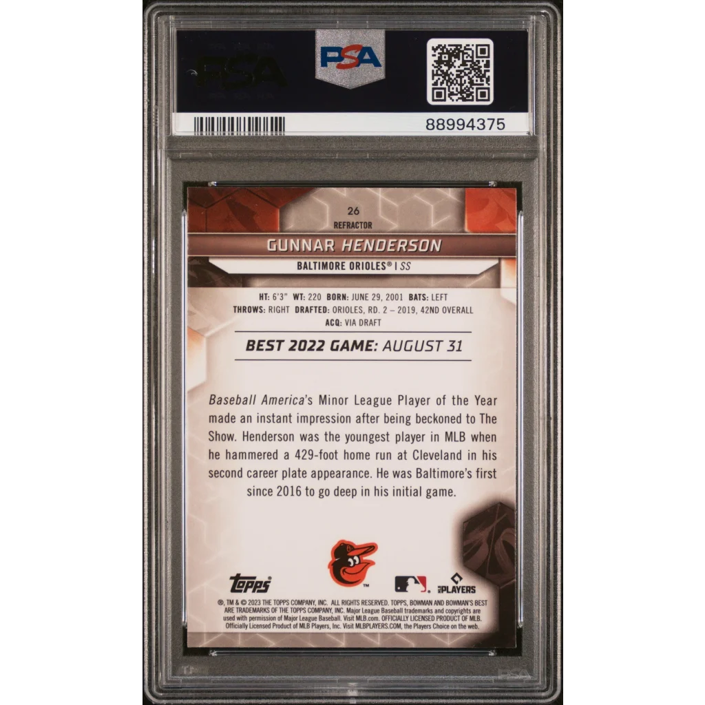 2023 Topps Gunnar Henderson PSA 10 Gem Mint Bowman Refractor Card