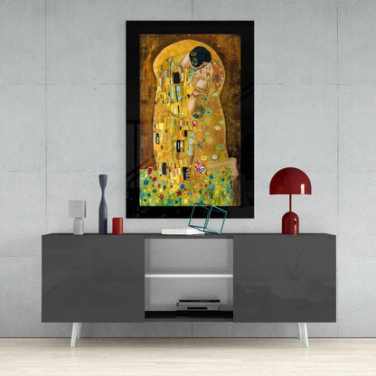 Klimt Kiss Glass Wall Art with Vibrant Floral Patterns | Contemporary Home Wall Art | vintageantiquesgifts.com