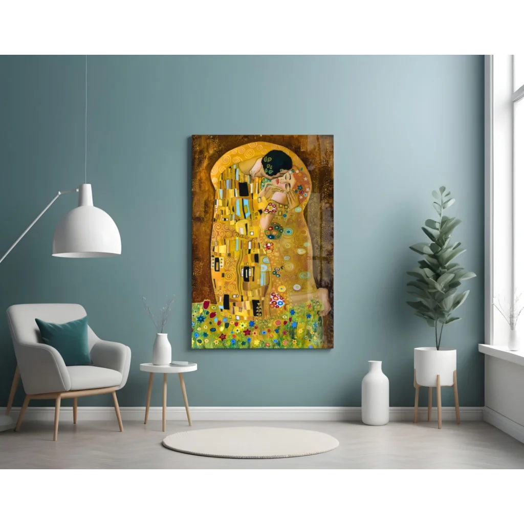 Vibrant gold Klimt The Kiss glass wall art canvas print