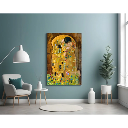 Vibrant gold Klimt The Kiss glass wall art canvas print