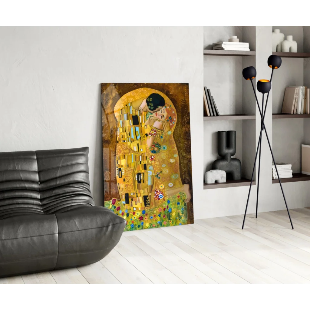 Vibrant Klimt The Kiss gold glass wall art canvas print