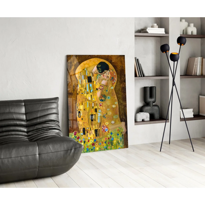 Vibrant Klimt The Kiss gold glass wall art canvas print
