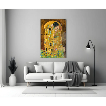 Golden Klimt The Kiss glass wall art canvas print above white sofa
