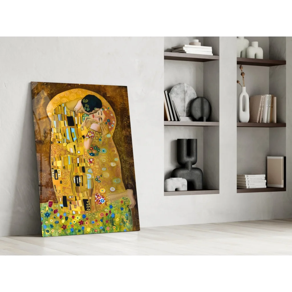 Golden Gustav Klimt The Kiss glass wall art canvas print on white wall