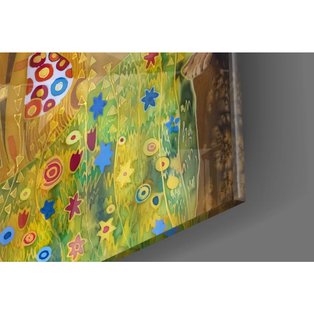 Vibrant Klimt The Kiss golden glass wall art with colorful geometric flowers
