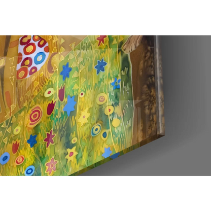 Vibrant Klimt The Kiss golden glass wall art with colorful geometric flowers