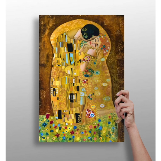 Vibrant gold Klimt The Kiss on insigne aluminum print