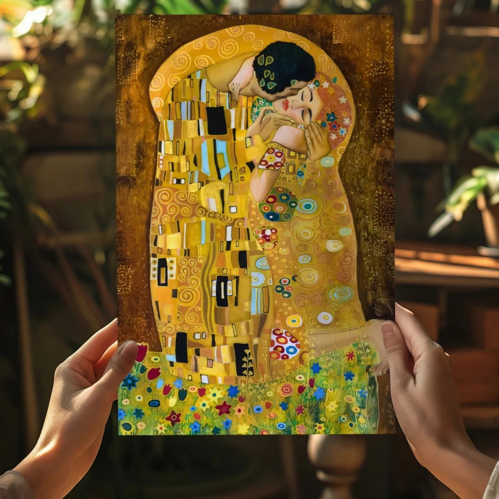 Golden-framed Klimt The Kiss on insigne aluminum print with vibrant patterns