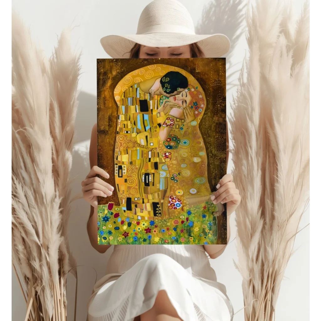 Vibrant gold Klimt The Kiss on insigne aluminum print