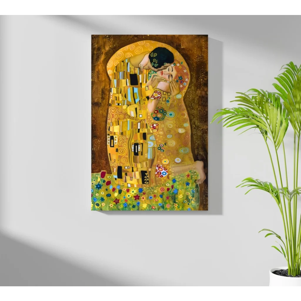 Golden Klimt The Kiss on insigne aluminum print, hanging on white wall