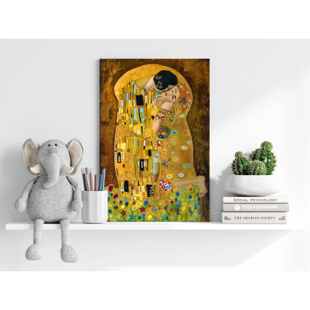 Golden Klimt The Kiss on insigne aluminum print with gold leaf details