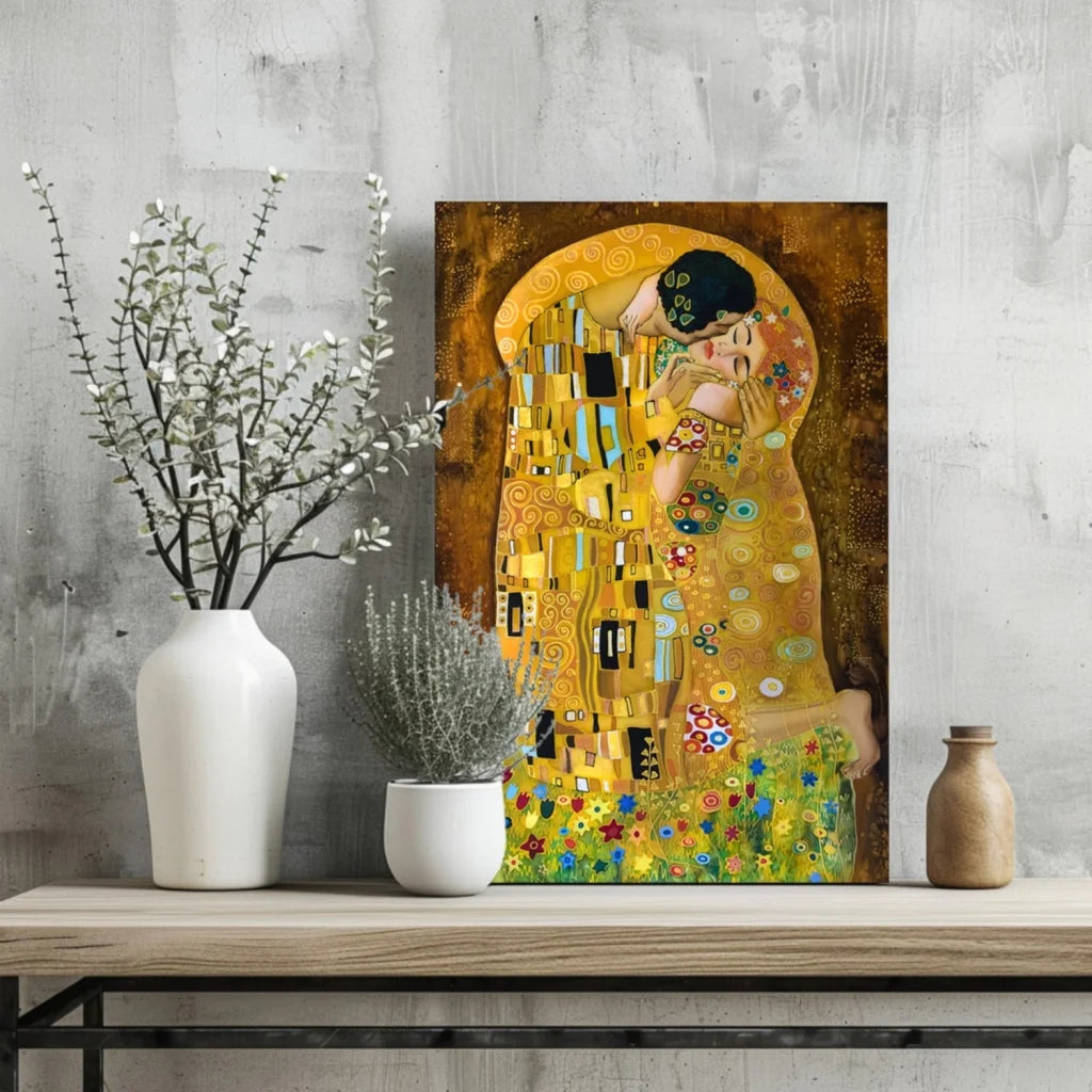 Vibrant gold Klimt The Kiss on insigne aluminum print