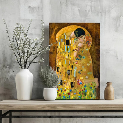 Vibrant gold Klimt The Kiss on insigne aluminum print