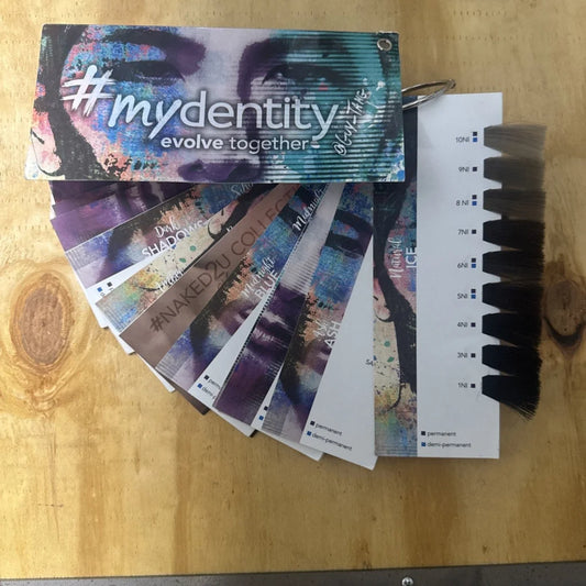 Guy Tang mydentity #myidentity hair color swatch card with purple blue teal face