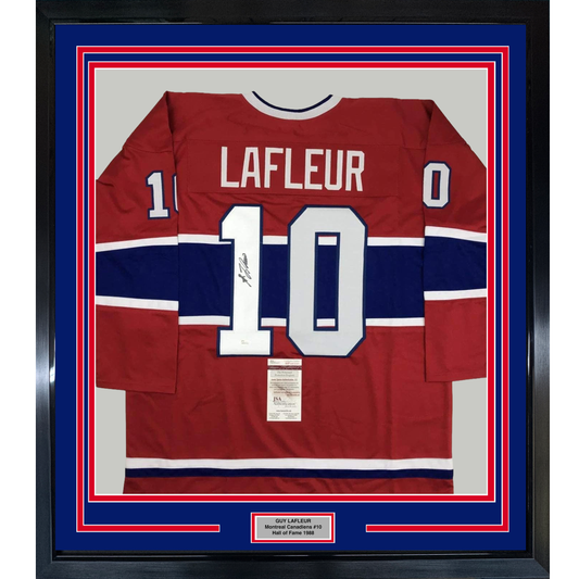 Framed Montreal Canadiens red and blue hockey jersey number 10 with "LAFLEUR" nameplate and JSA authentication certificate displayed flat.