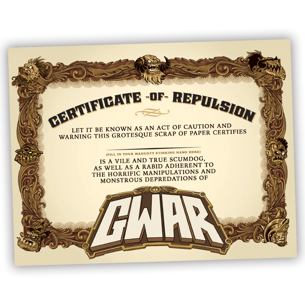 Decorative certificate frame from GWAR Comic Book and Vinyl Set with Matt Maguire art