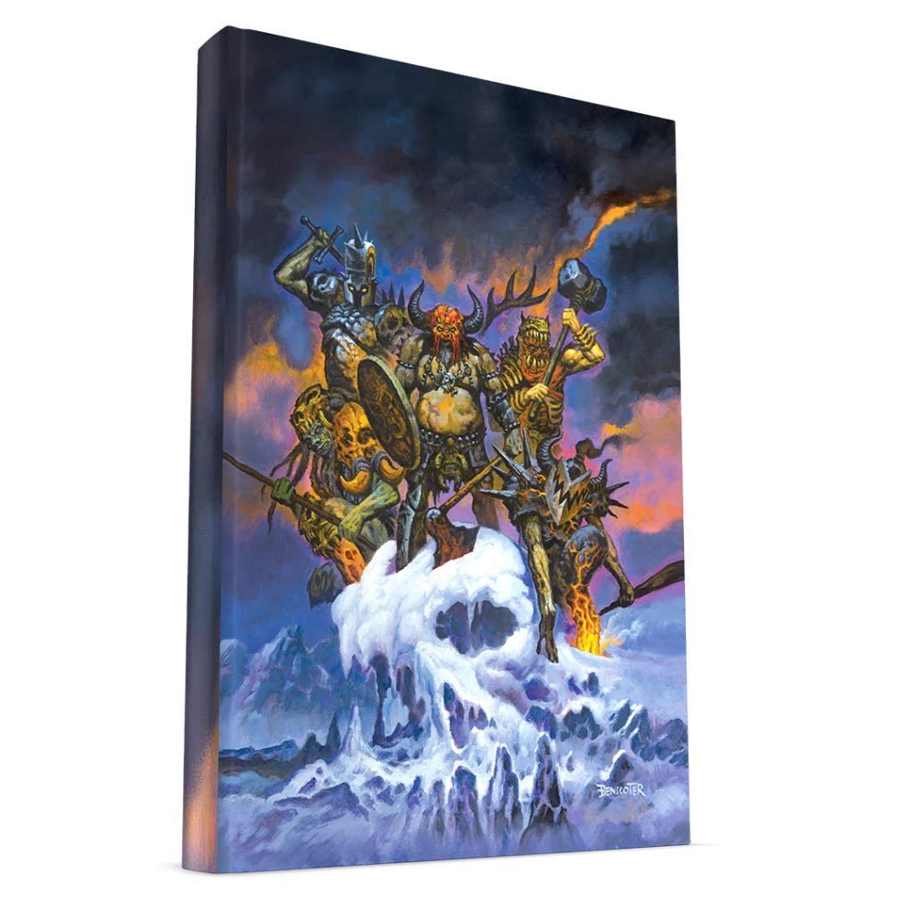 Vibrant fantasy painting of monstrous warriors on a snowy skull featuring GWAR Matt Maguire