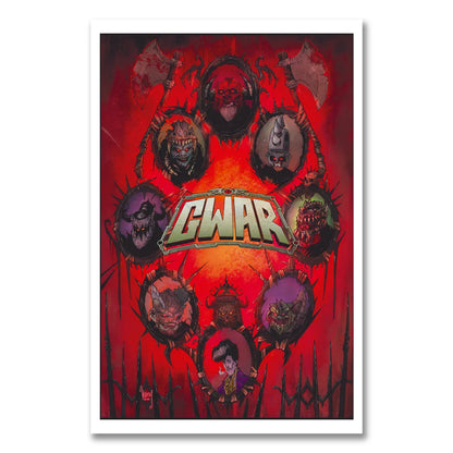 GWAR band poster with monstrous characters around the GWAR logo, featuring Matt Maguire