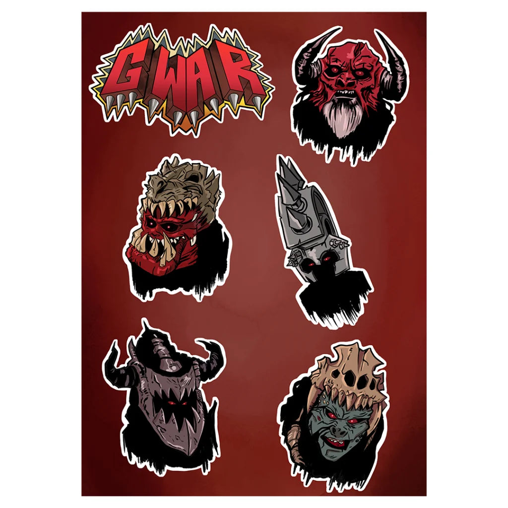 GWAR-themed character head stickers from the GWAR Matt Maguire Signed Deluxe Comic