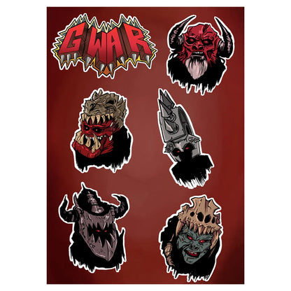 GWAR-themed character head stickers from the GWAR Matt Maguire Signed Deluxe Comic
