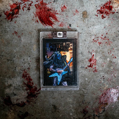 Collectible GWAR Pustulus Maximus trading card with monstrous guitar player in protective case