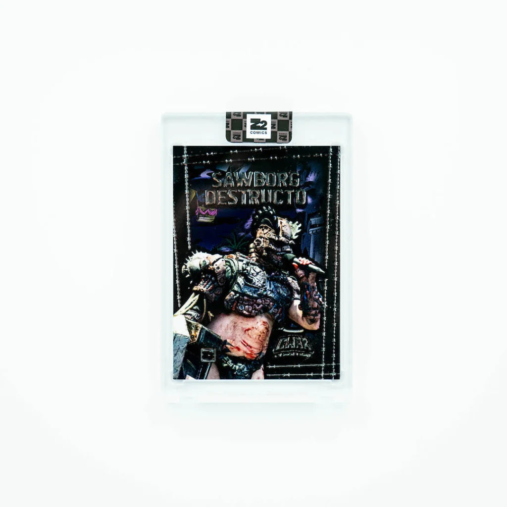 Sawborg Destructo trading card featuring a monstrous figure holding a microphone