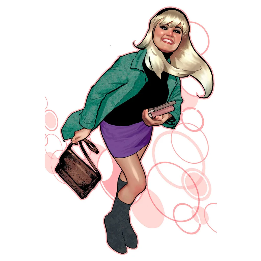 Smiling blonde woman in green jacket holding pink book from Gwen Stacy Books Adam Hughes collection