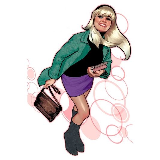 Smiling blonde woman in green jacket holding pink book from Gwen Stacy Books Adam Hughes collection