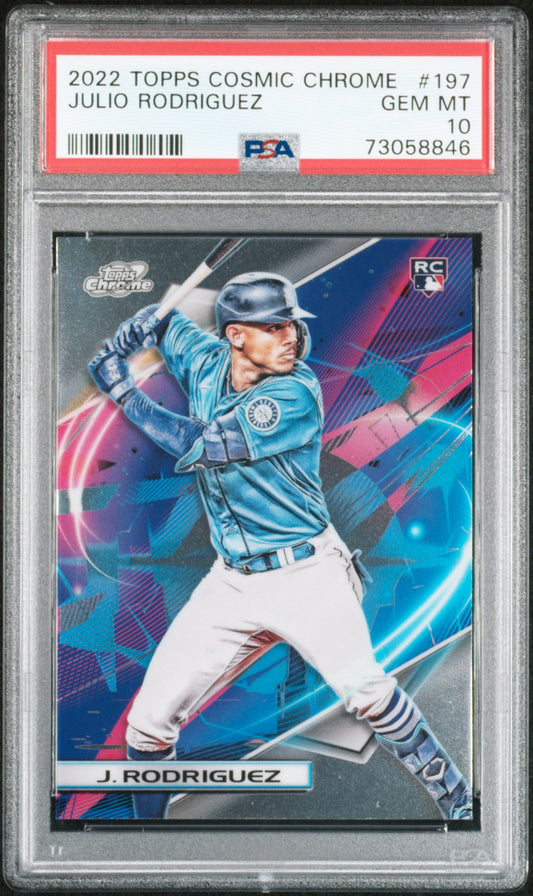 Front view of a PSA 10 graded slab showing a teal-uniformed batter on pink and blue card artwork.