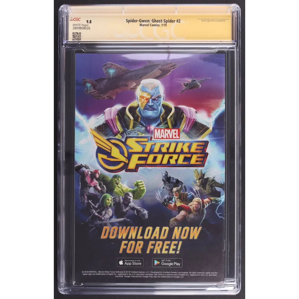 Graded Ghost Spider Issue 2 comic book with Marvel Strike Force ad and Hailee Steinfeld signed