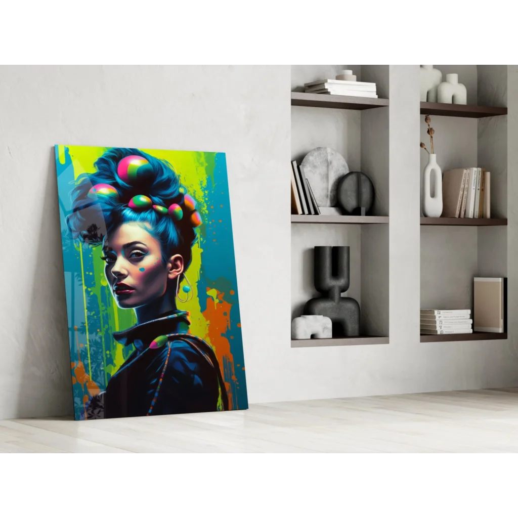 Vibrant glass wall art of woman with electric blue hair and rainbow spheres