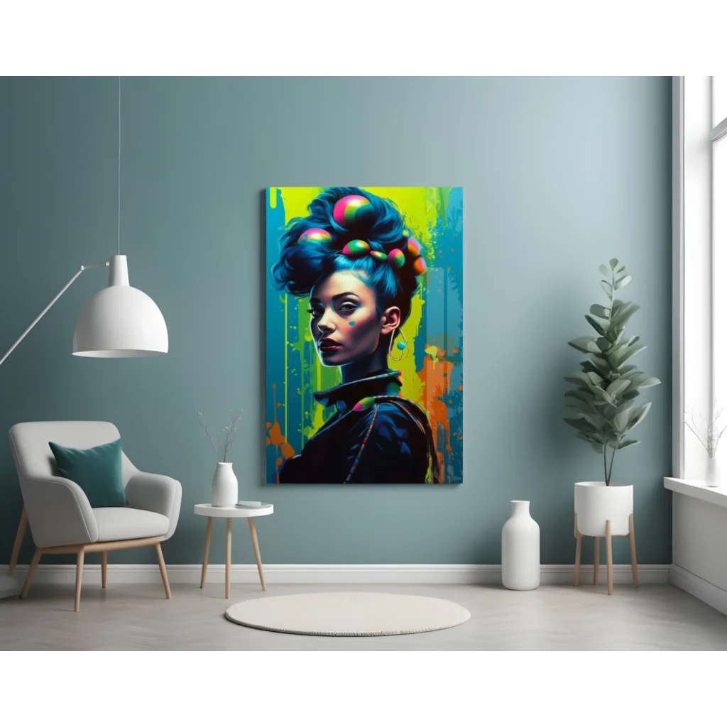 Vibrant glass wall art of woman with electric blue hair and colorful spheres on teal yellow background