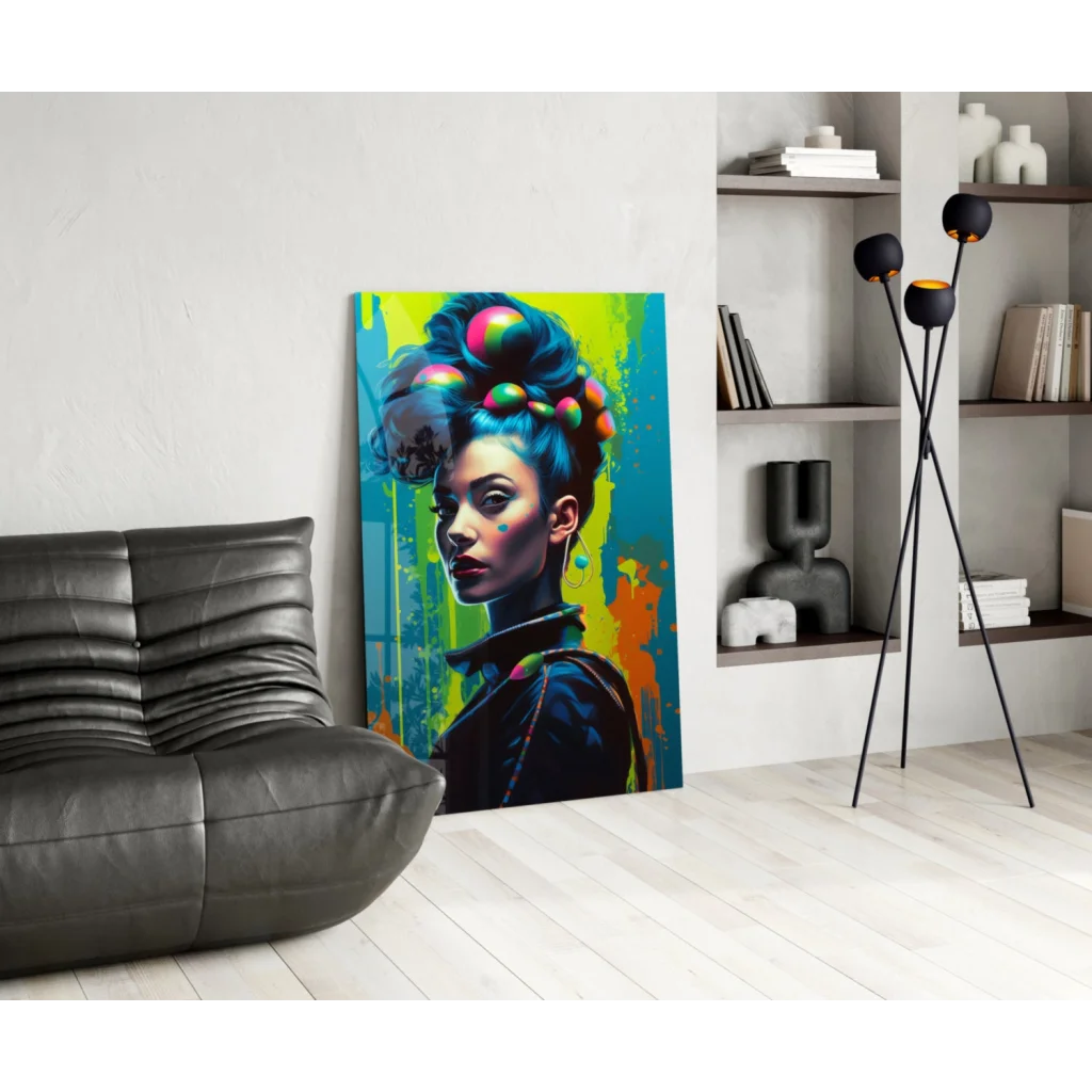 Vibrant glass wall art of woman with electric blue hair updo and neon splashes