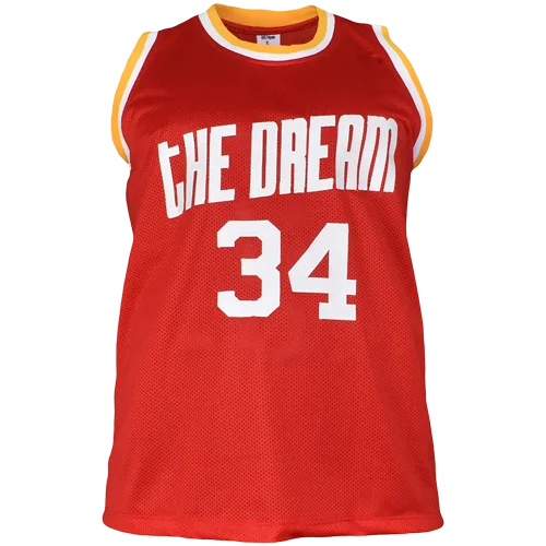 Hakeem Olajuwon autographed red Houston jersey with The Dream 34