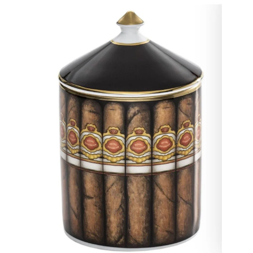 Black and gold lidded jar with cigar pattern from Halcyon Days Cigars Oud Imperial