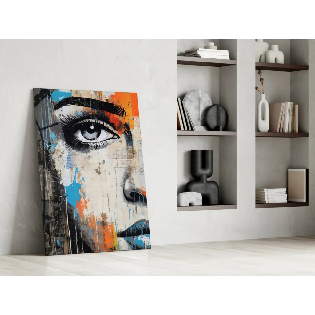 Vibrant abstract eye wall art canvas with bold orange blue splashes