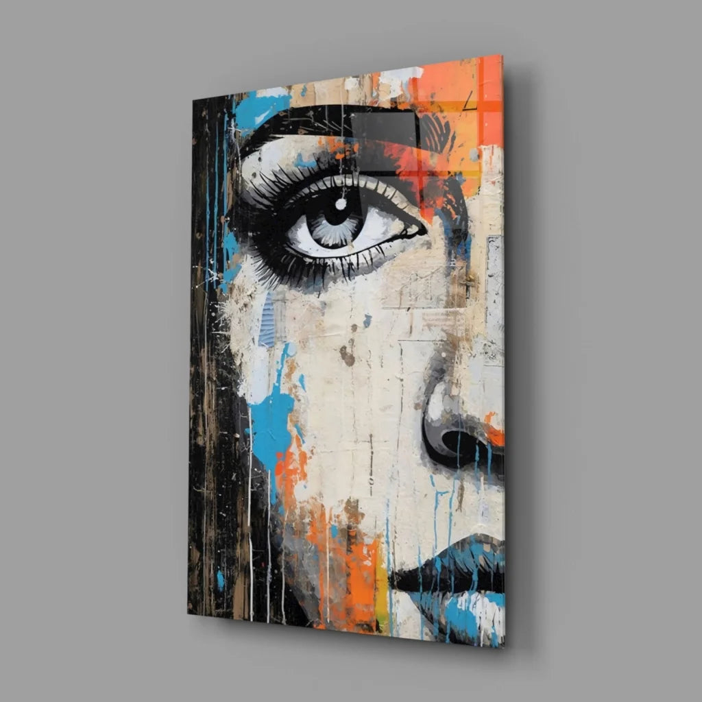 Vibrant abstract eye wall art canvas with bold orange blue splashes
