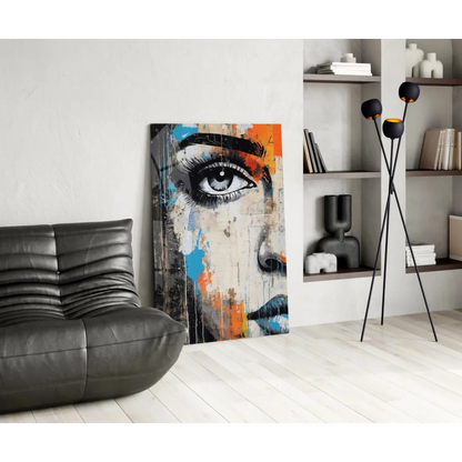 Vibrant eye abstract wall art canvas with bold orange blue splashes