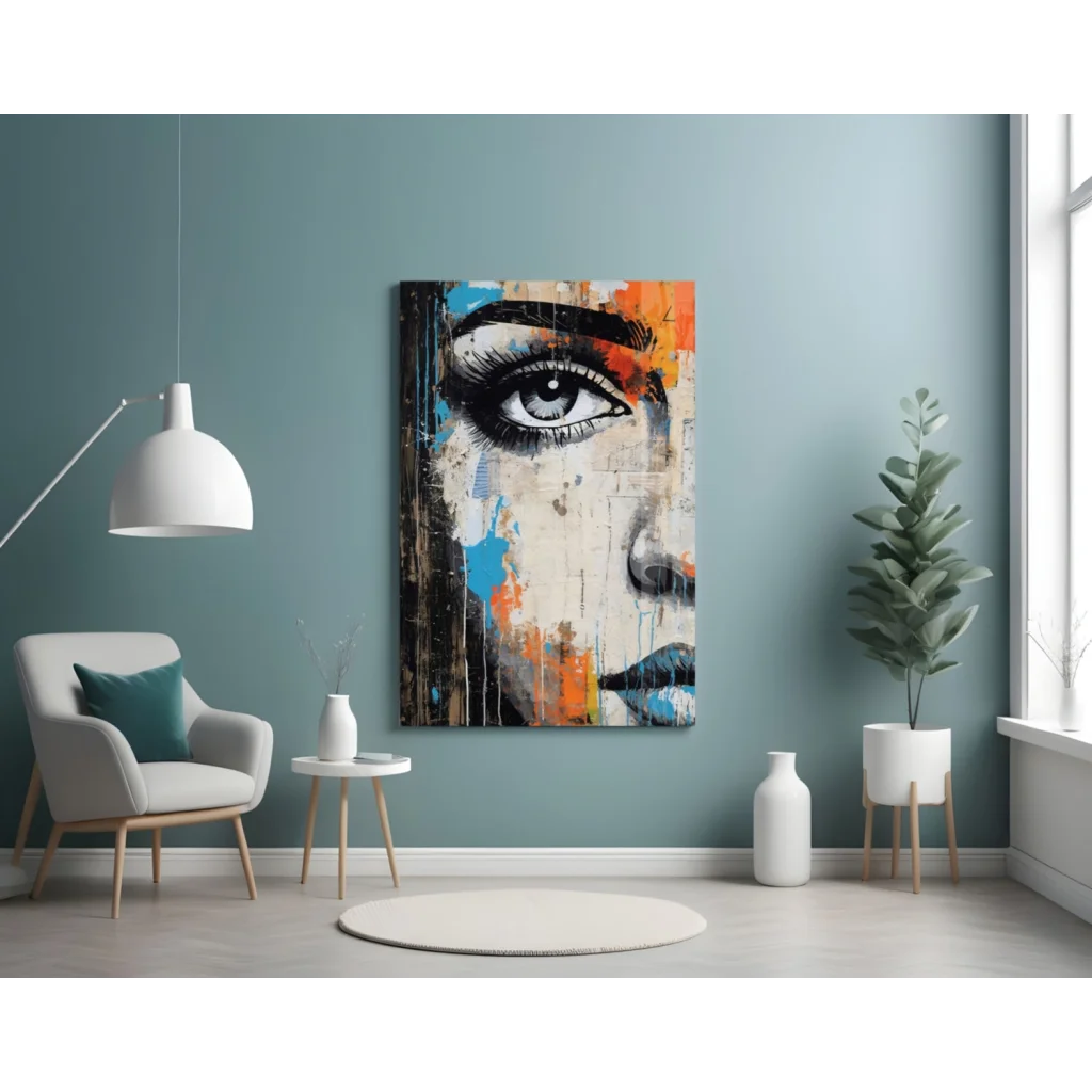 Vibrant eye abstract wall art canvas with bold black, orange, blue splashes