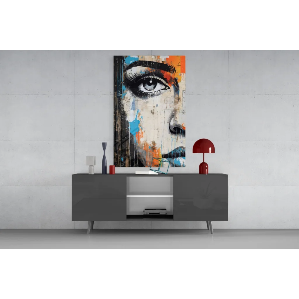 Vibrant abstract eye wall art canvas with bold black, blue, orange strokes