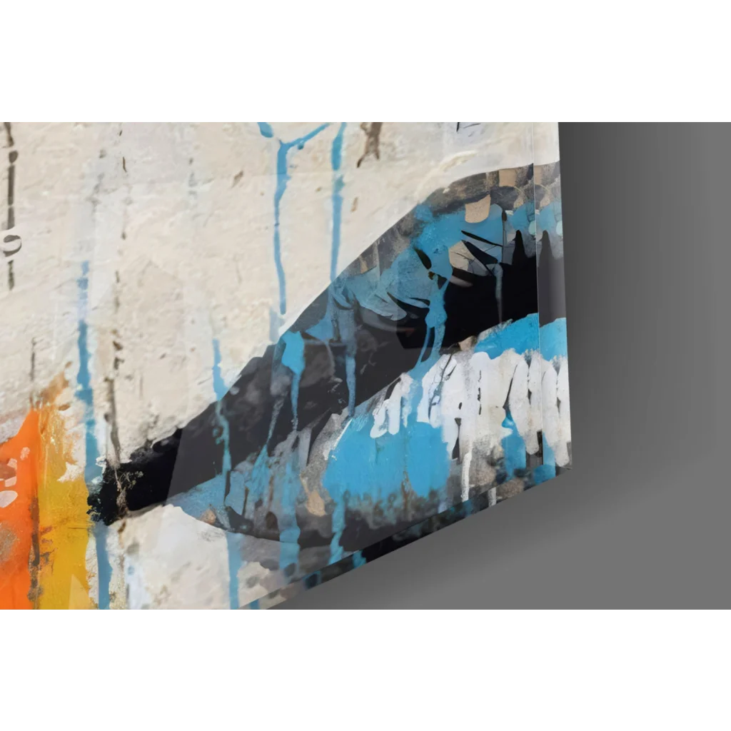 Vibrant abstract wall art canvas with bold blue, black, orange splashes