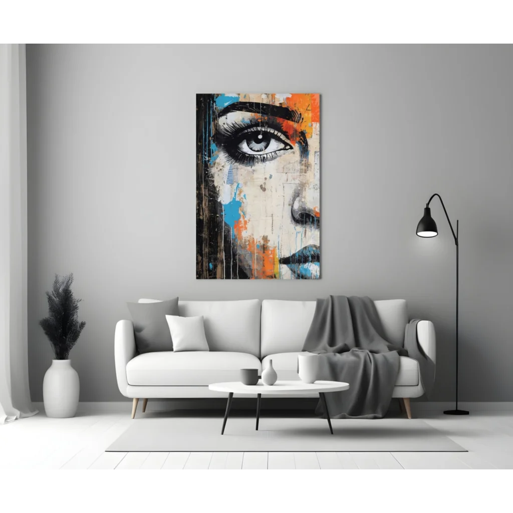 Mesmerizing eye abstract wall art canvas with bold black, blue, orange, white brushstrokes
