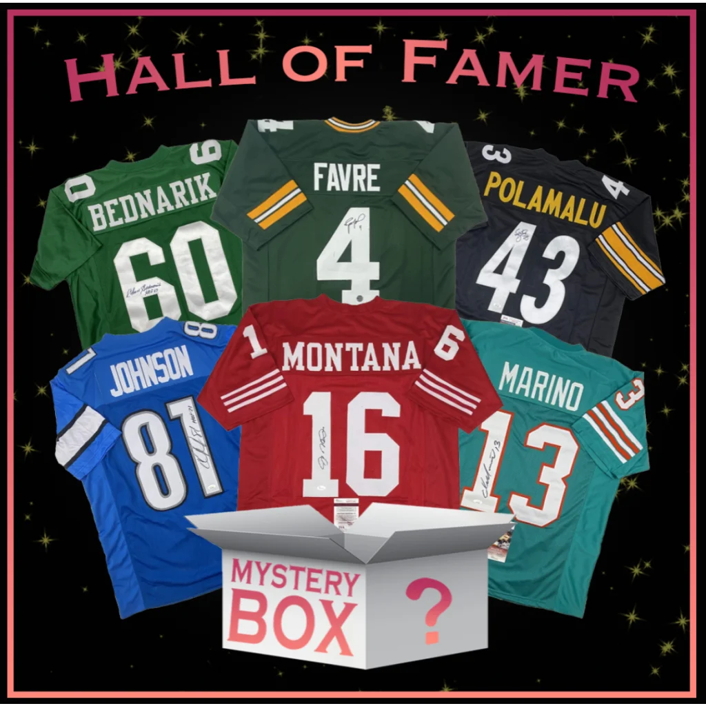Mystery box with six signed football jerseys including Hall of Fame autographs