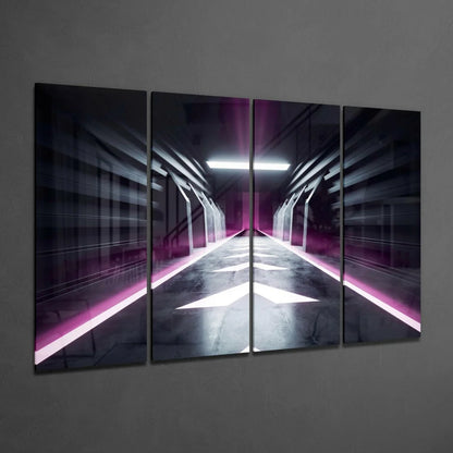 Futuristic neon tunnel glass wall art four-panel canvas print
